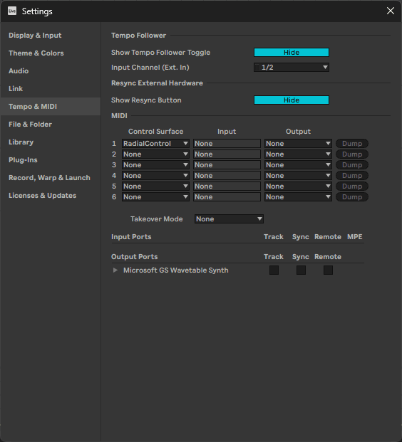 Ableton Live settings showing RadialControl selected in the Control Surface list
