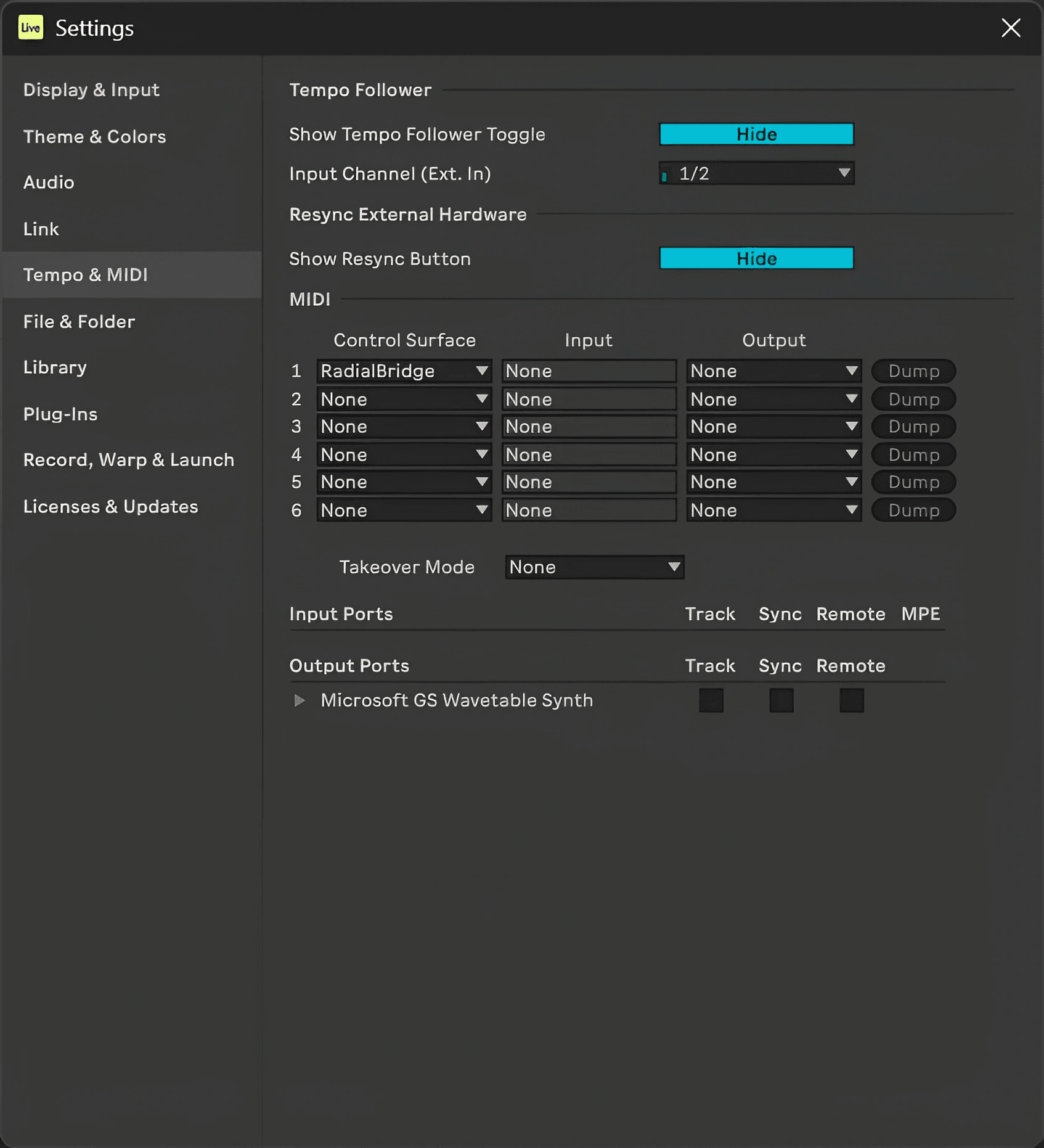 Ableton Live settings with RadialBridge selected as a Control Surface
